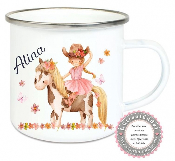 ♥ zauberhafte Tasse Emailletasse,COWGIRL Pony Pferd Blumen Reitunterricht Name Wunschname KITA Kindergarten Einschulung Becher Lüttentüddel